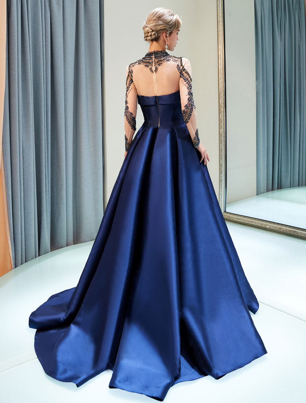 Glamorous Evening Dresses Luxury Dark Navy Satin A Line Long Sleeve Lace Illusion High Collar Quinceanera Dress Glamorous Evening Dresses Luxury Dark Navy Satin A Line Long Sleeve Lace Illusion High Collar Quinceanera Dress