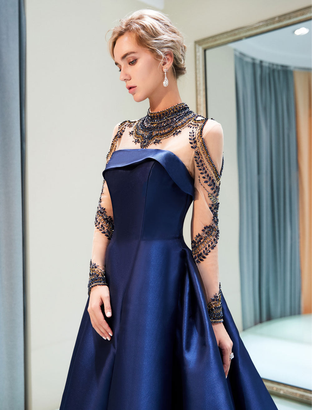 Glamorous Evening Dresses Luxury Dark Navy Satin A Line Long Sleeve Lace Illusion High Collar Quinceanera Dress Glamorous Evening Dresses Luxury Dark Navy Satin A Line Long Sleeve Lace Illusion High Collar Quinceanera Dress