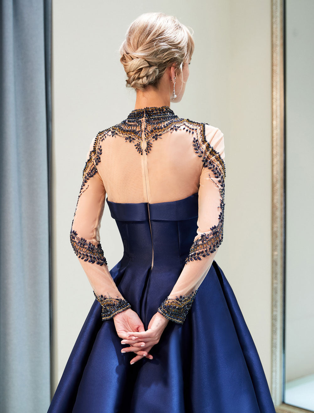 navy blue formal dress with sleeves High Neck Long Chiffon A-Line Long Mother of the Bride Lace this prom dress is the perfect statement piece for any special event. Navy Blue Long Formal Evening