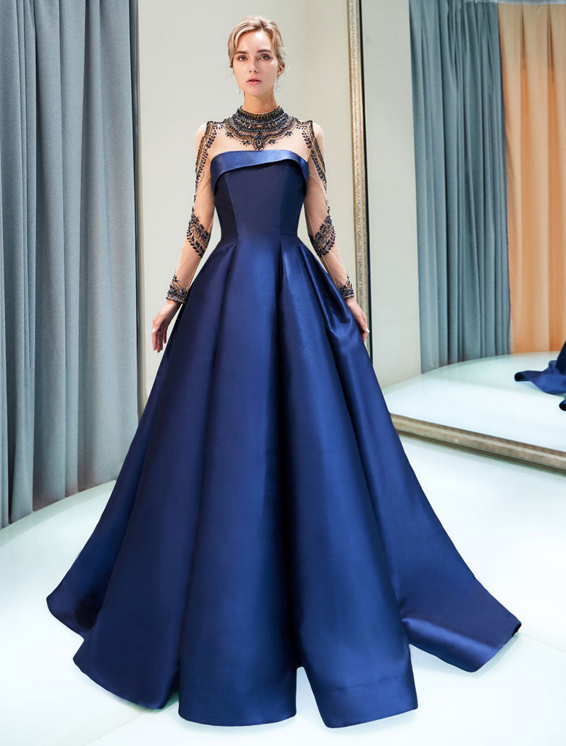 Glamorous Evening Dresses Luxury Dark Navy Satin A Line Long Sleeve Lace Illusion High Collar Quinceanera Dress Glamorous Evening Dresses Luxury Dark Navy Satin A Line Long Sleeve Lace Illusion High Collar Quinceanera Dress