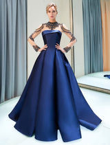Evening Dresses Luxury Dark Navy Satin A Line Long Sleeve Lace Illusion High Collar Quinceanera Dress