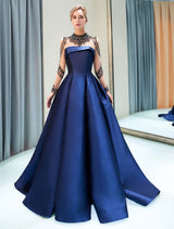 Evening Dresses Luxury Dark Navy Satin A Line Long Sleeve Lace Illusion High Collar Quinceanera Dress