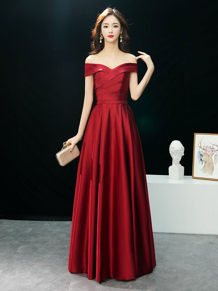 Glamorous Evening Dresses Off The Shoulder evening dress Long Satin Maxi Dresses-Ballbella