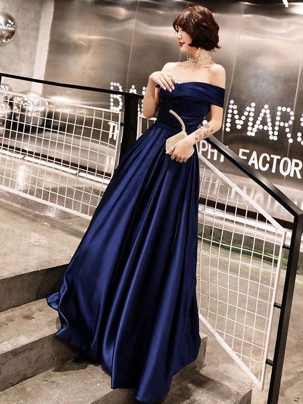 Glamorous Evening Dresses Off The Shoulder evening dress Long Satin Maxi Dresses-Ballbella