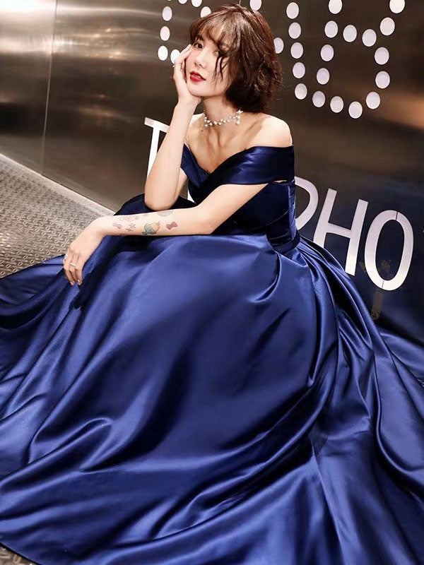 Glamorous Evening Dresses Off The Shoulder evening dress Long Satin Maxi Dresses-Ballbella