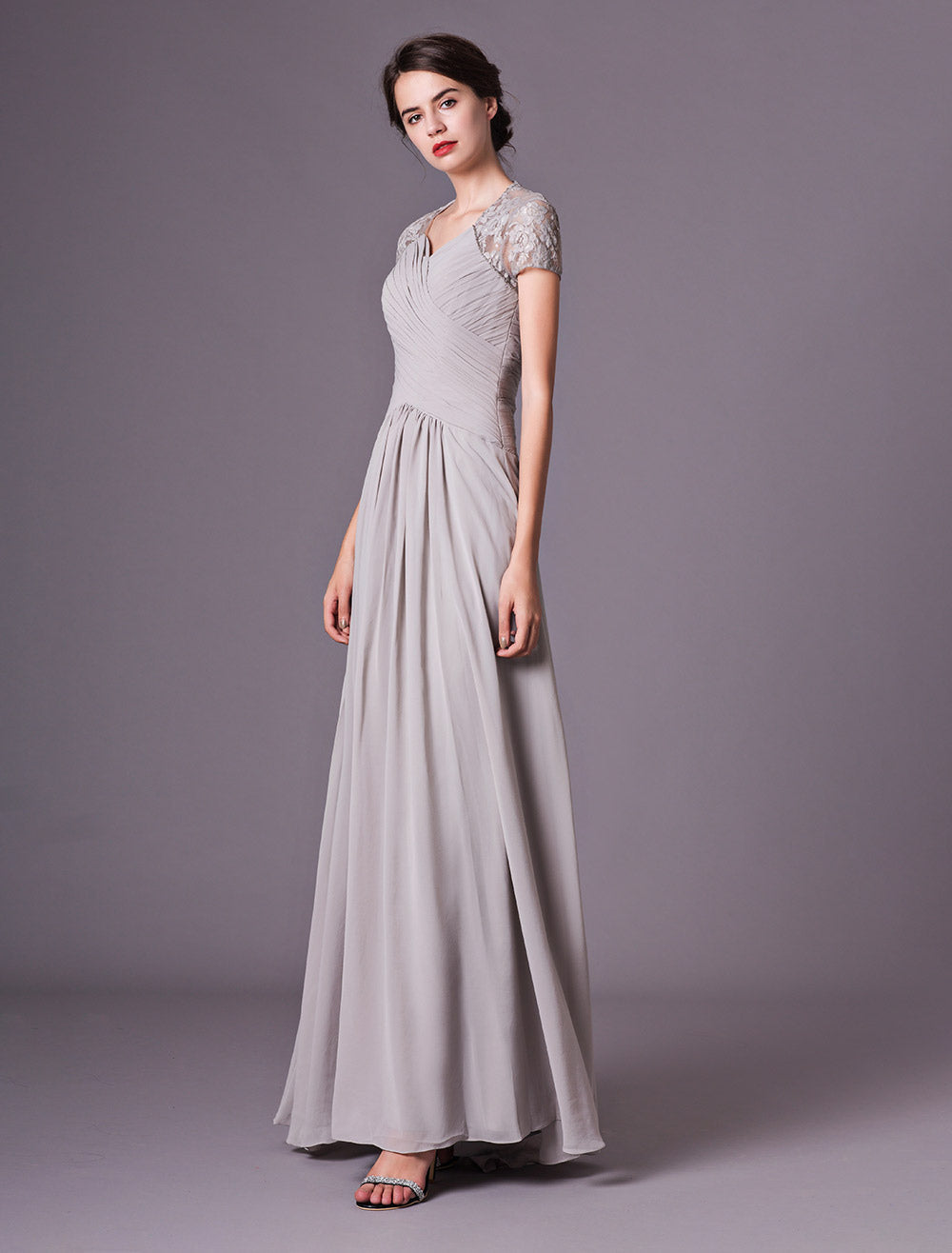 Glamorous Evening Dresses Silver Lace Short Sleeve Formal