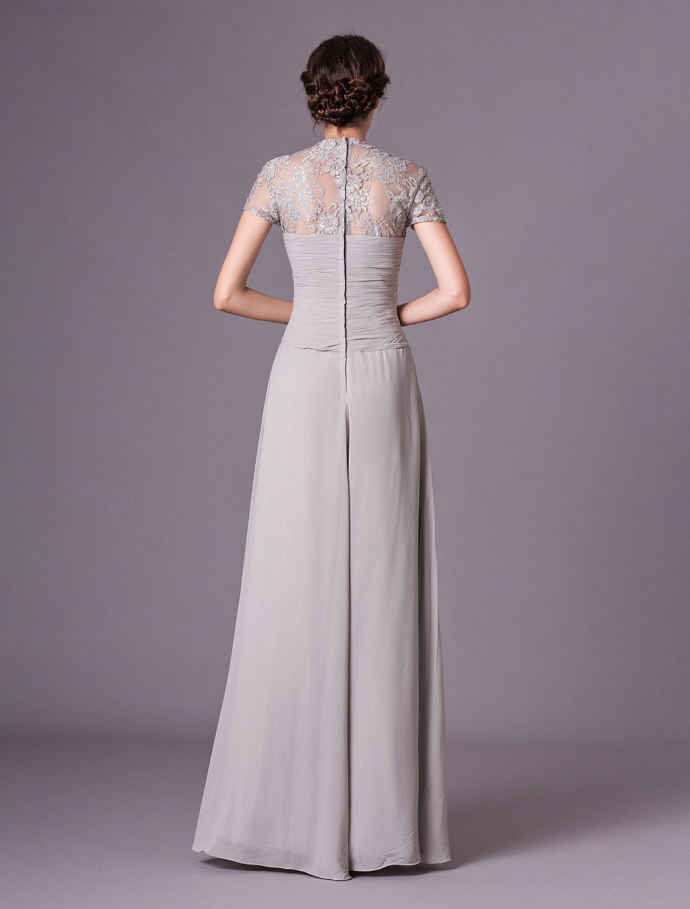 Glamorous Evening Dresses Silver Lace Short Sleeve Formal