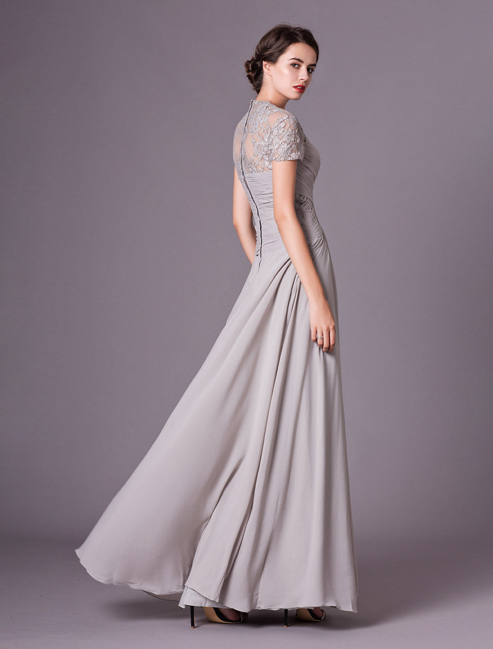 Glamorous Evening Dresses Silver Lace Short Sleeve Formal