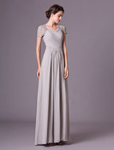 Evening Dresses Silver Lace Short Sleeve Formal Gowns Chiffon Pleated Floor Length Mother Of Bride Dress