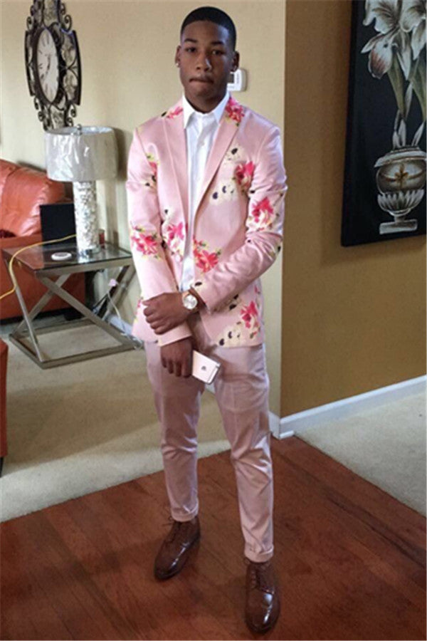 Glamorous Flower Printed Two Pieces Pink Prom Men Suit For Sale-Ballbella