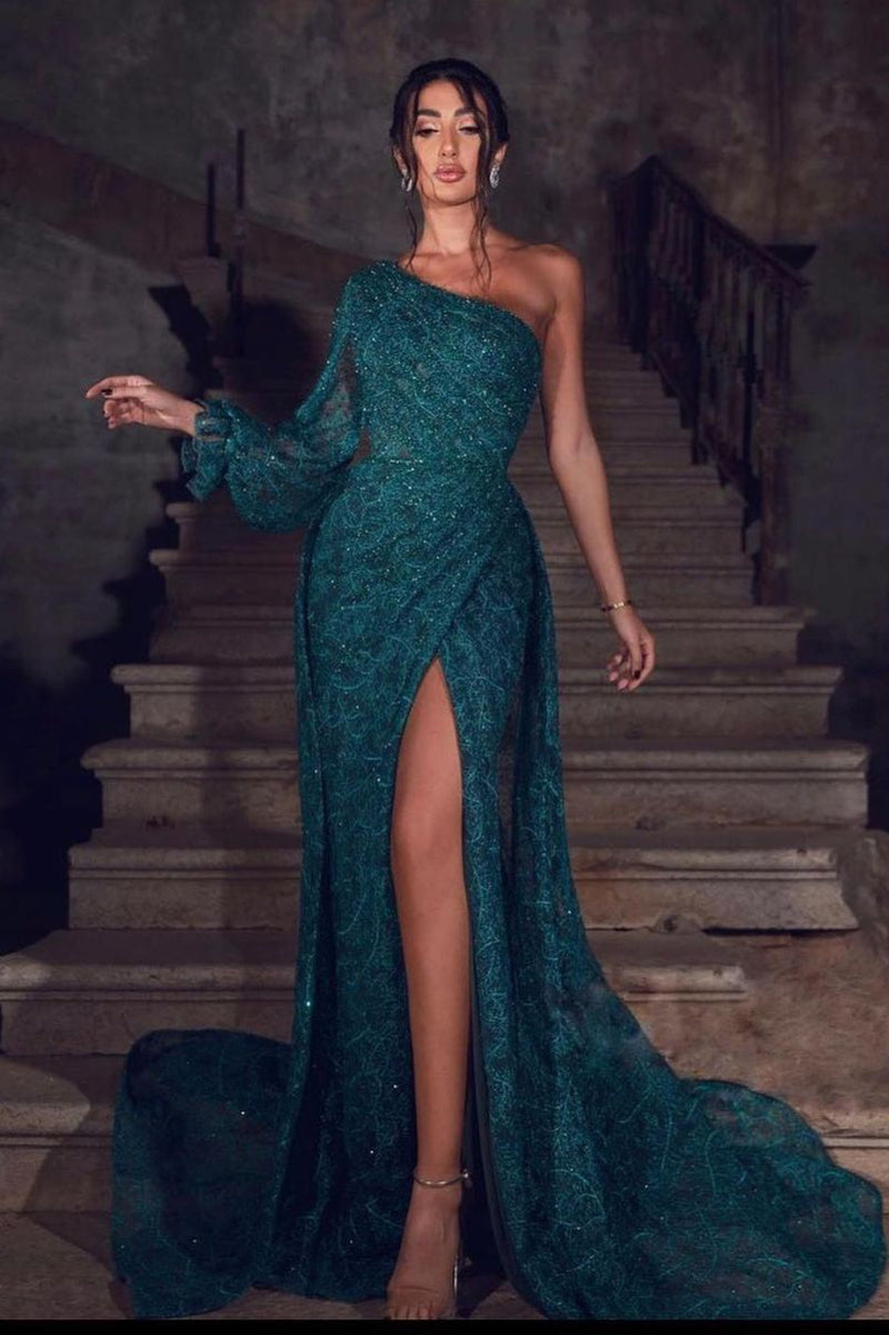 Glamorous Green Front Slit Lace Evening Dress Sequins One Shoulder With Long Sleeve On One Side-Ballbella