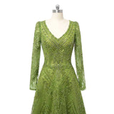 Glamorous Green V-Neck Long Sleeves A-Line Prom Dresses Long Beads With Zipper-Ballbella