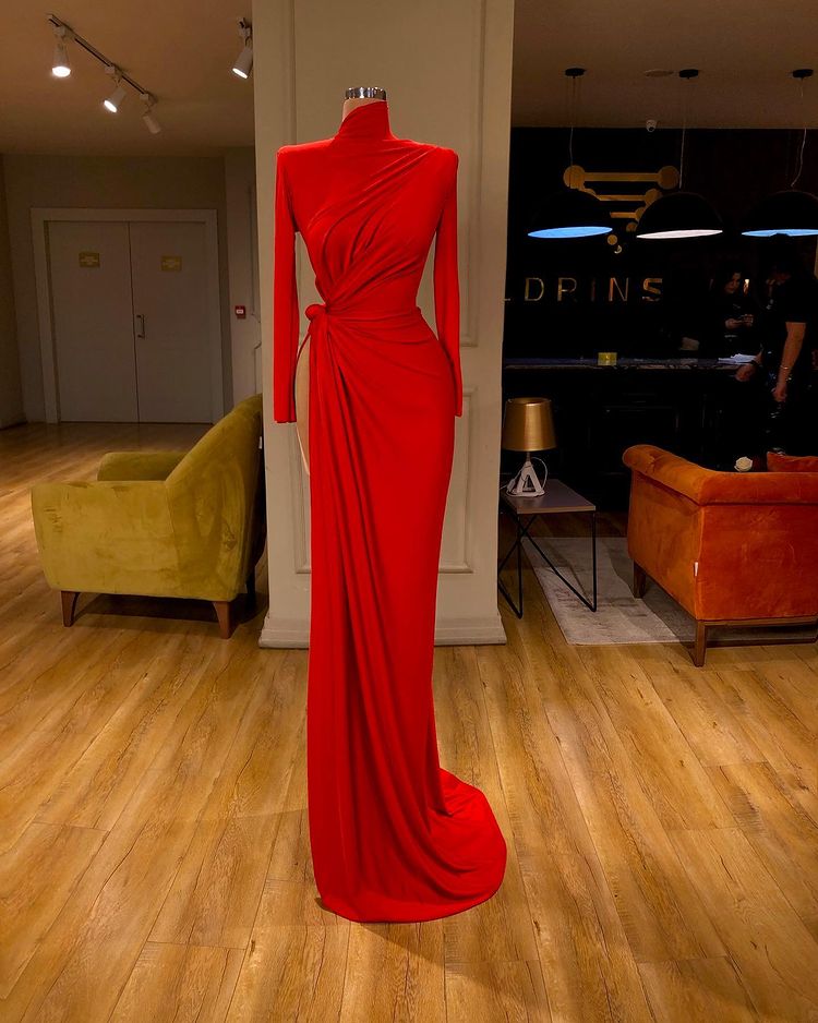 Glamorous High Neck Long Sleeve Red Prom Dress Long With Split-Ballbella