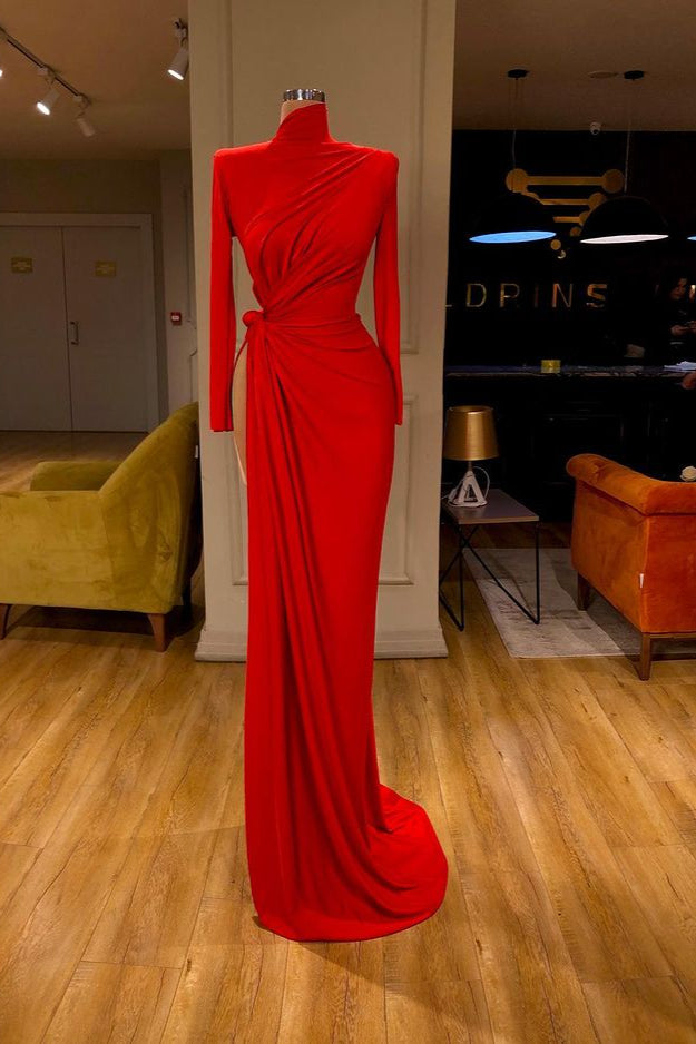 Glamorous High Neck Long Sleeve Red Prom Dress Long With Split-Ballbella