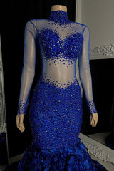Glamorous High Neck Long Sleeves Prom Dresses Mermaid Flowers Bottom With Beads-Ballbella