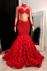 Glamorous High Neck Long Sleeves Prom Dresses Mermaid Flowers Bottom With Beads-Ballbella