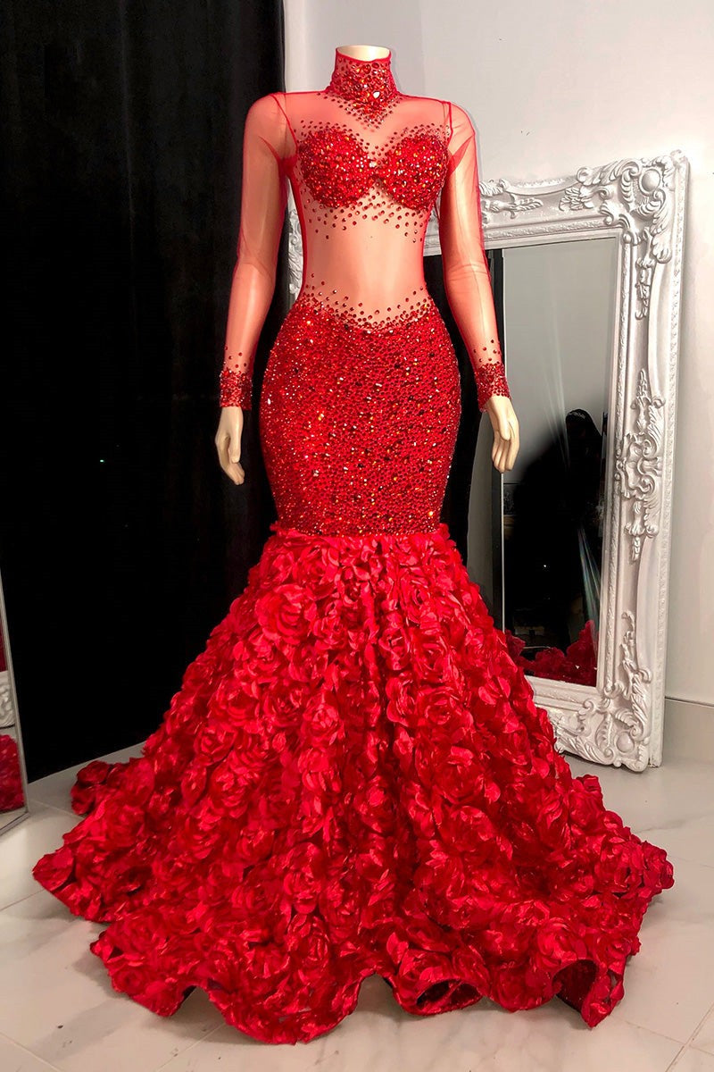 Glamorous High Neck Long Sleeves Prom Dresses Mermaid Flowers Bottom With Beads-Ballbella