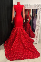Glamorous High Neck Long Sleeves Prom Dresses Mermaid Flowers Bottom With Beads-Ballbella