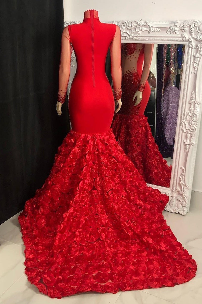 Glamorous High Neck Long Sleeves Prom Dresses Mermaid Flowers Bottom With Beads-Ballbella