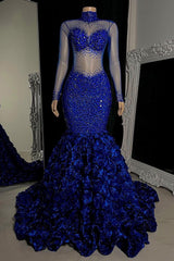 Glamorous High Neck Long Sleeves Prom Dresses Mermaid Flowers Bottom With Beads-Ballbella