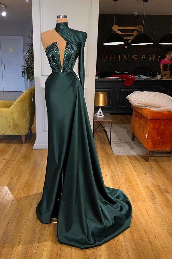 Glamorous High Neck One Shoulder Long Sleeve Mermaid Evening Gowns With Crystals-Ballbella