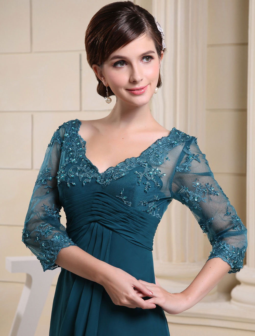 Glamorous Ink Blue Evening Dress Lace Applique Beading V Neck Half Sleeves A Line Wedding Party Dress