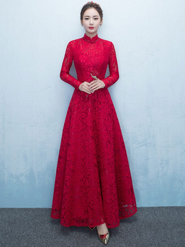 Glamorous Lace Mother Of The Bride Dress Burgundy High Collar Occasion Dress Long Sleeve A Line Wedding Guest Dresses