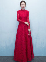 Glamorous Lace Mother Of The Bride Dress Burgundy High Collar Occasion Dress Long Sleeve A Line Wedding Guest Dresses-Ballbella