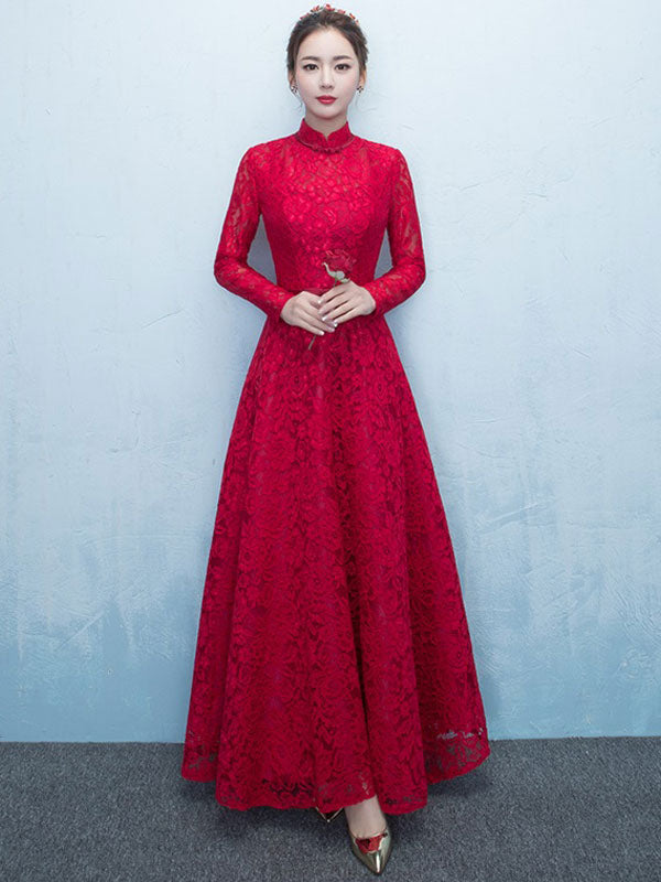 Lace Mother Of The Bride Dress Burgundy High Collar Occasion Dress Long Sleeve A Line Wedding Guest Dresses