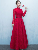 Lace Mother Of The Bride Dress Burgundy High Collar Occasion Dress Long Sleeve A Line Wedding Guest Dresses