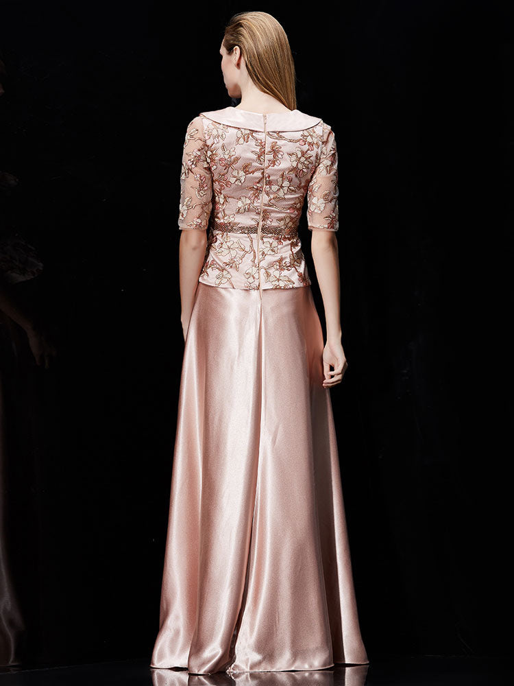 Glamorous Long Evening Dress Satin Mother Dress Embroidered Beading Sash A Line Illusion Half Sleeve Shawl Collar Maxi Wedding Guest Dresses-Ballbella