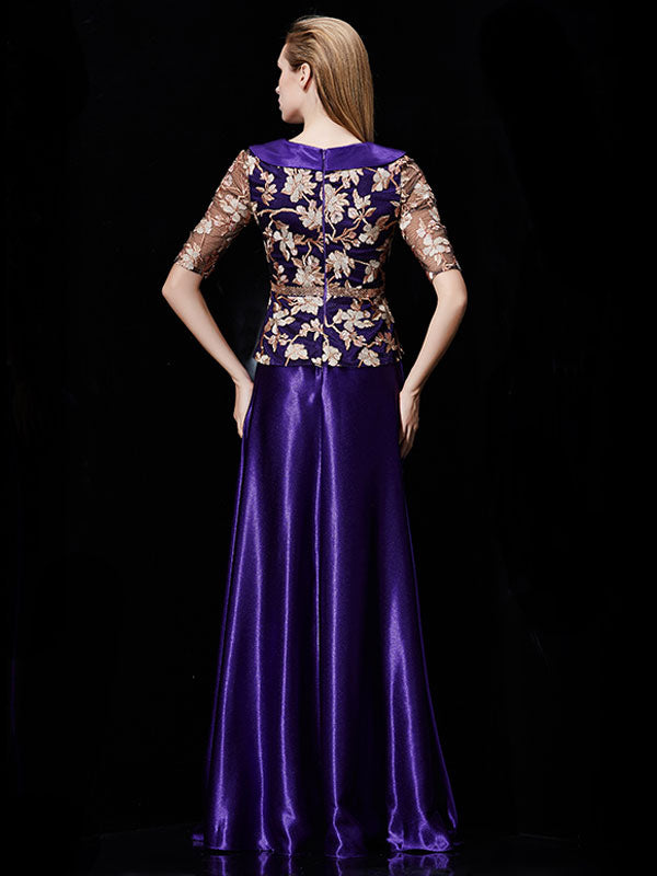 Glamorous Long Evening Dress Satin Mother Dress Embroidered Beading Sash A Line Illusion Half Sleeve Shawl Collar Maxi Wedding Guest Dresses