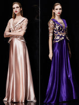Glamorous Long Evening Dress Satin Mother Dress Embroidered Beading Sash A Line Illusion Half Sleeve Shawl Collar Maxi Wedding Guest Dresses-Ballbella