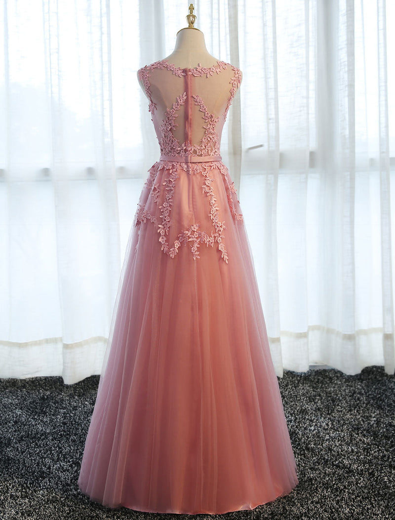 Glamorous Long Evening Dresses Lace Cameo Pink Party Dress A Line Applique Tulle Maxi Formal Dress Glamorous Long Evening Dresses Lace Cameo Pink Party Dress A Line Applique Tulle Maxi Formal Dress