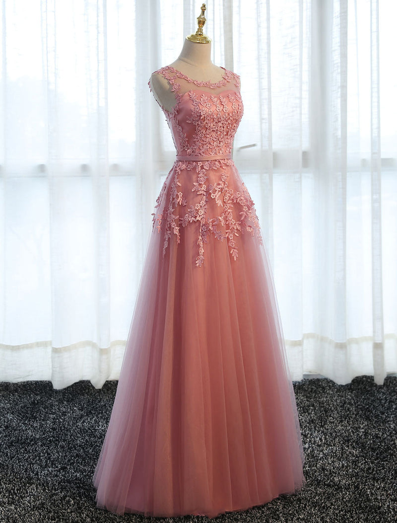 Glamorous Long Evening Dresses Lace Cameo Pink Party Dress A Line Applique Tulle Maxi Formal Dress Glamorous Long Evening Dresses Lace Cameo Pink Party Dress A Line Applique Tulle Maxi Formal Dress