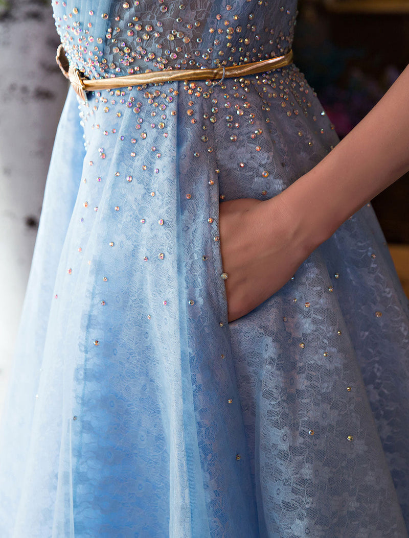 Glamorous Long Evening Dresses Luxury V Neck Rhinestones Beading Cap Sleeve Pleated Lace Tulle Baby Blue Formal Evening Dresses Glamorous Long Evening Dresses Luxury V Neck Rhinestones Beading Cap Sleeve Pleated Lace Tulle Baby Blue Formal Evening Dresses