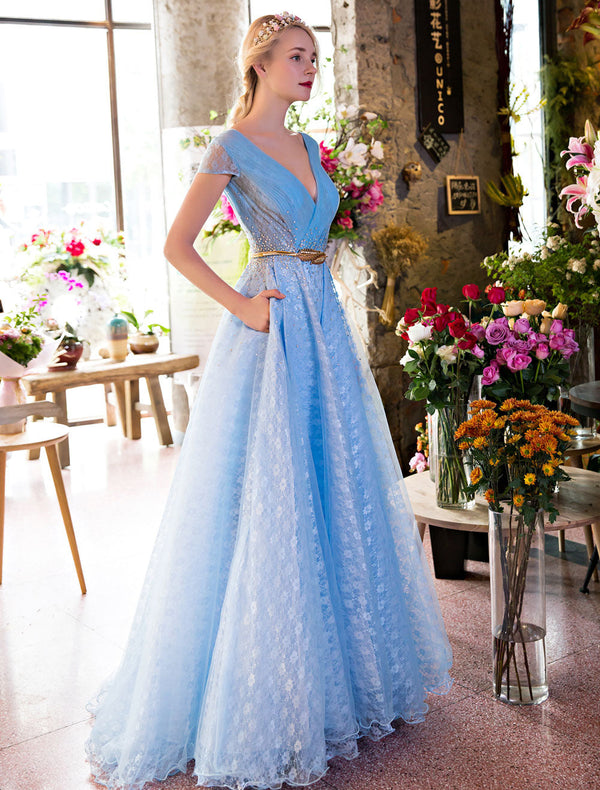 Long Evening Dresses Luxury V Neck Rhinestones Beading Cap Sleeve Pleated Lace Tulle Baby Blue Formal Evening Dresses