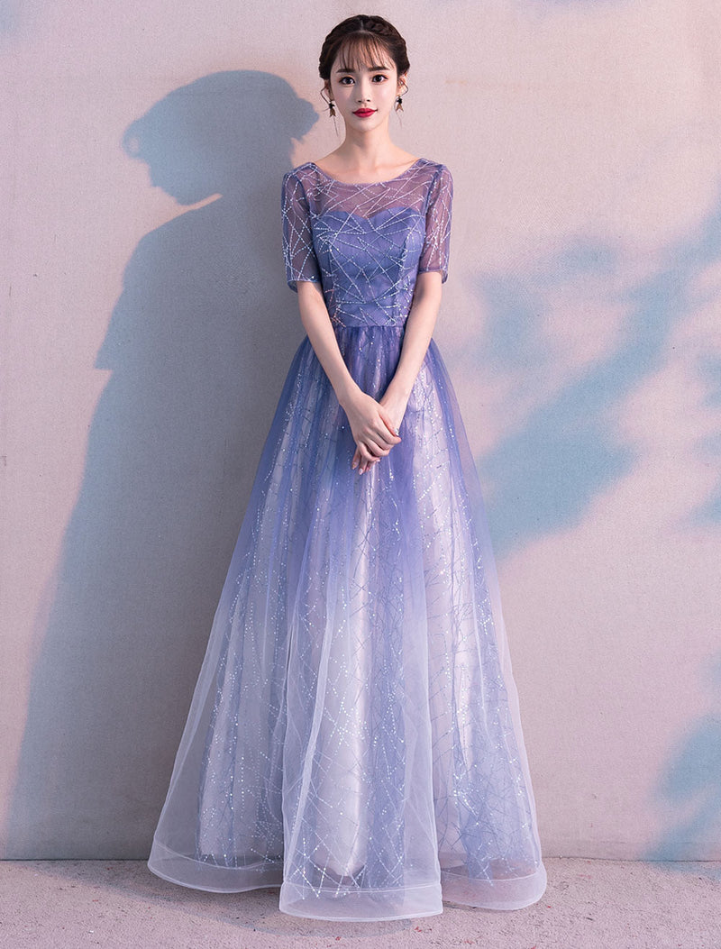 Glamorous Long Evening Dresses Ombre Tulle Sequin Half Sleeve Formal Evening Dress-Ballbella