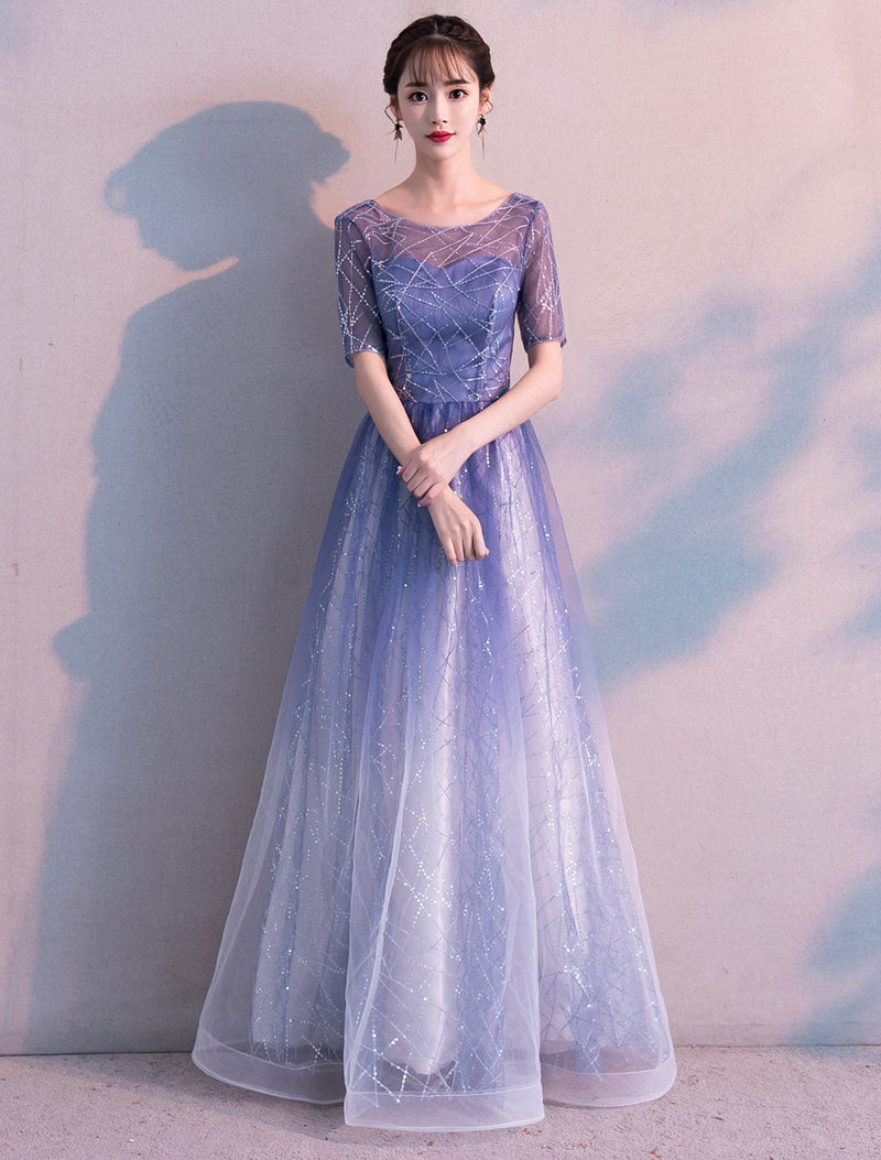 Glamorous Long Evening Dresses Ombre Tulle Sequin Half Sleeve Formal Evening Dress-Ballbella