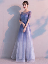 Glamorous Long Evening Dresses Ombre Tulle Sequin Half Sleeve Formal Evening Dress-Ballbella