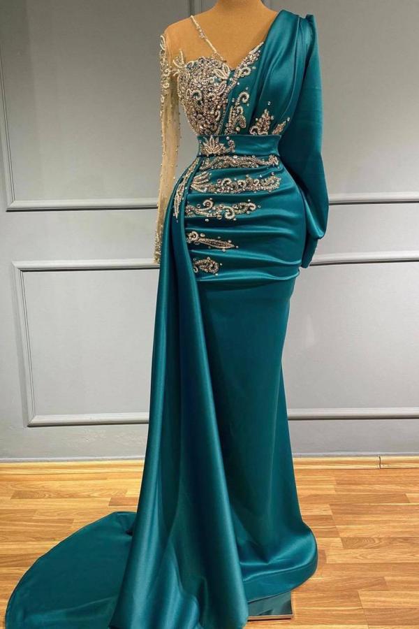 Glamorous Long Sleeve Mermaid Evening Dress With Lace Appliques Party Gowns-Ballbella