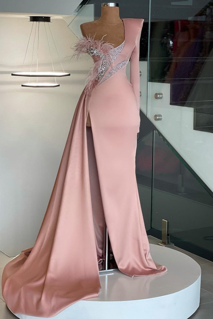 Glamorous Long Sleeve One Shoulder Mermaid Prom Dress Long With Slit-Ballbella