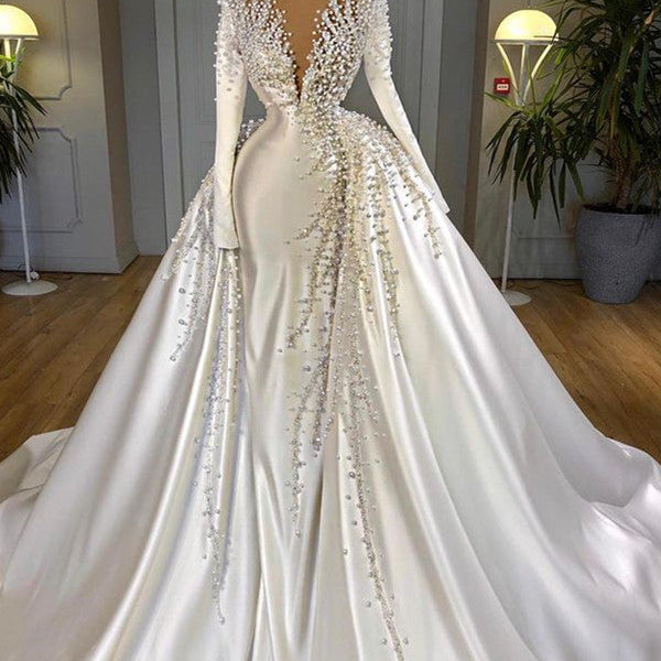 Glamorous Long Sleeve Pearls Wedding Dress V-Neck With Detachable Train Online