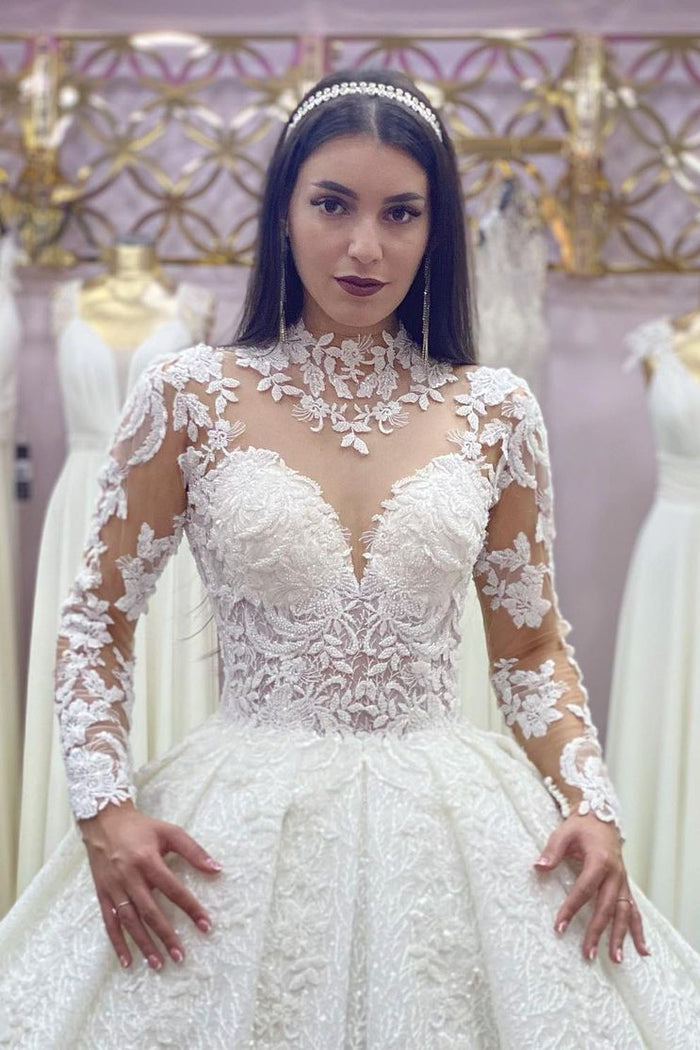 Glamorous Long Sleeves Lace Princess Wedding Dress Ball Gown High Neck Glamorous Long Sleeves Lace Princess Wedding Dress Ball Gown High Neck