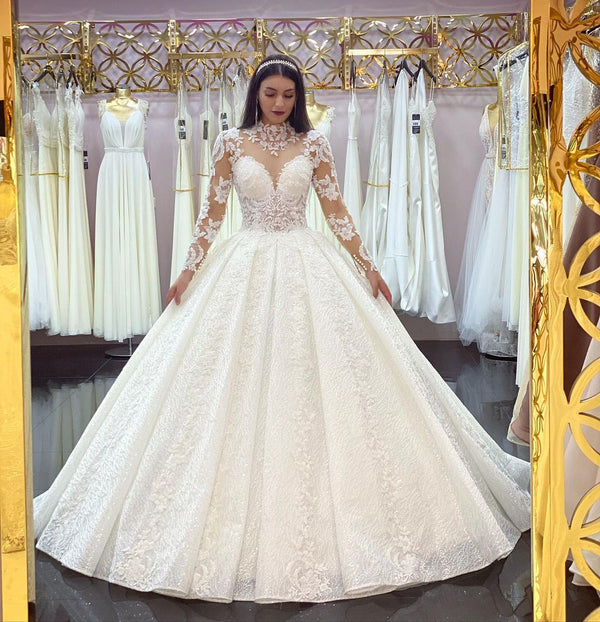 Glamorous Long Sleeves Lace Princess Wedding Dress Ball Gown High Neck-Ballbella