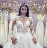 Glamorous Long Sleeves Lace Princess Wedding Dress Ball Gown High Neck-Ballbella