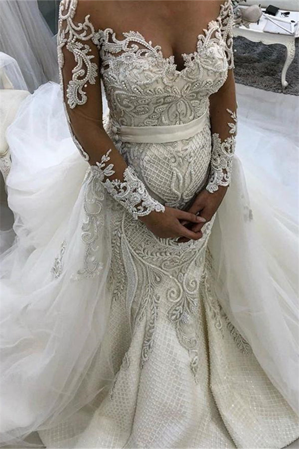 Glamorous Long Sleeves Lace Tulle Wedding Dresses New Arrival Ruffless Mermaid Bridal Gowns-Ballbella
