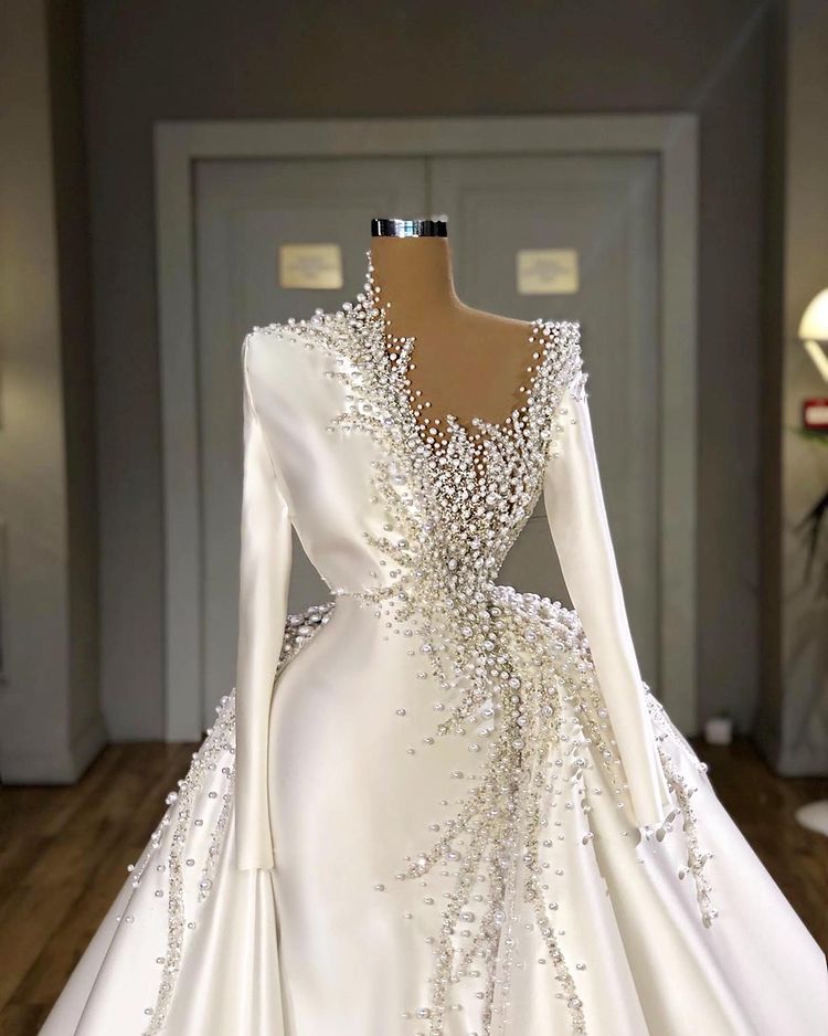 Glamorous Long Sleeves Pearls Wedding Dresses Mermaid With Detachable Train-Ballbella