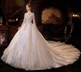 Glamorous Long Sleeves V-Neck Ball Gown Wedding Dress With Sequins Crystals-Ballbella