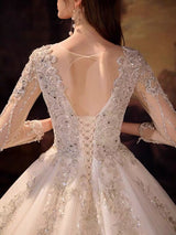 Glamorous Long Sleeves V-Neck Ball Gown Wedding Dress With Sequins Crystals-Ballbella